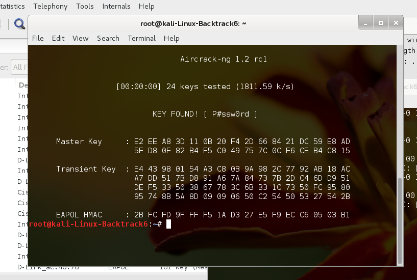 aircrack-ng showing found key ('P#ssw0rd'), master key, transient
key, and EAPOL HMAC