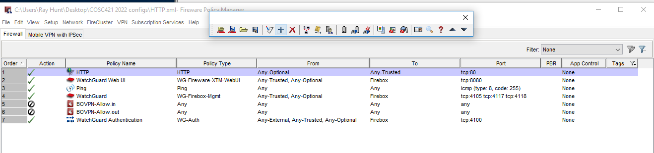 Screenshot showing firewall rules, including the one allowing
TCP port 80 from Any-Optional to Any-Trusted
