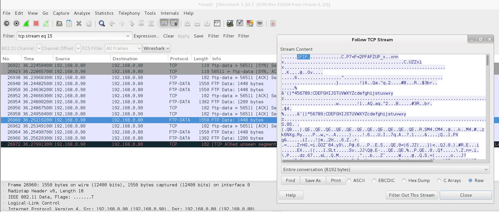 Wireshark screenshot showing captured FTP
packets