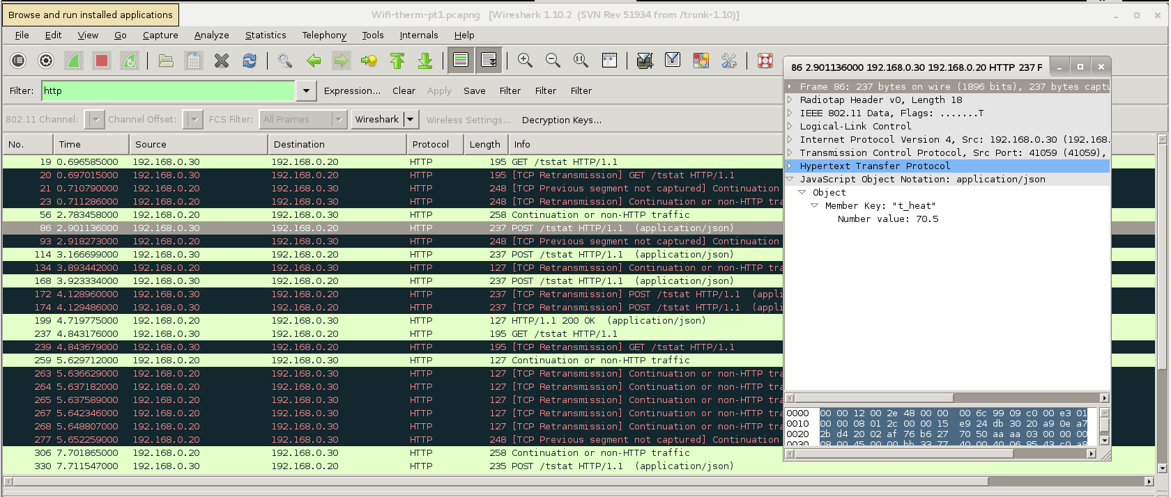 Screenshot of Wireshark showing packet sent by phone setting
thermostat temperature