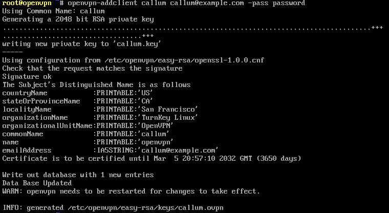Screenshot showing new OpenVPN user being
created