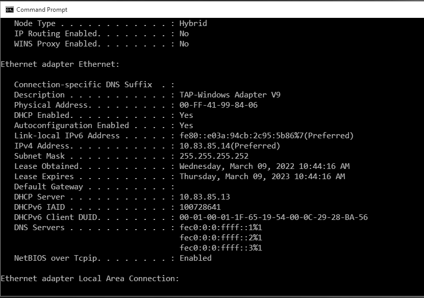 Screenshot showing virtual TAP adapter enabled on the Windows
client