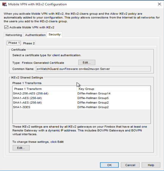 Screenshot showing WatchGuard IKEv2 Phase 1 setting
