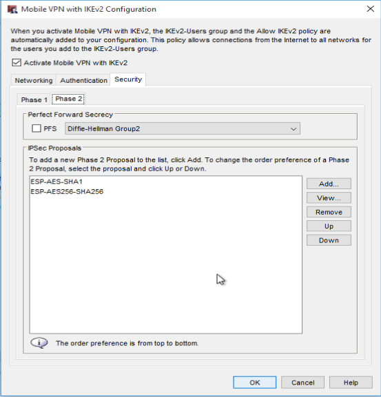 Screenshot showing WatchGuard IKEv2 Phase 2 setting