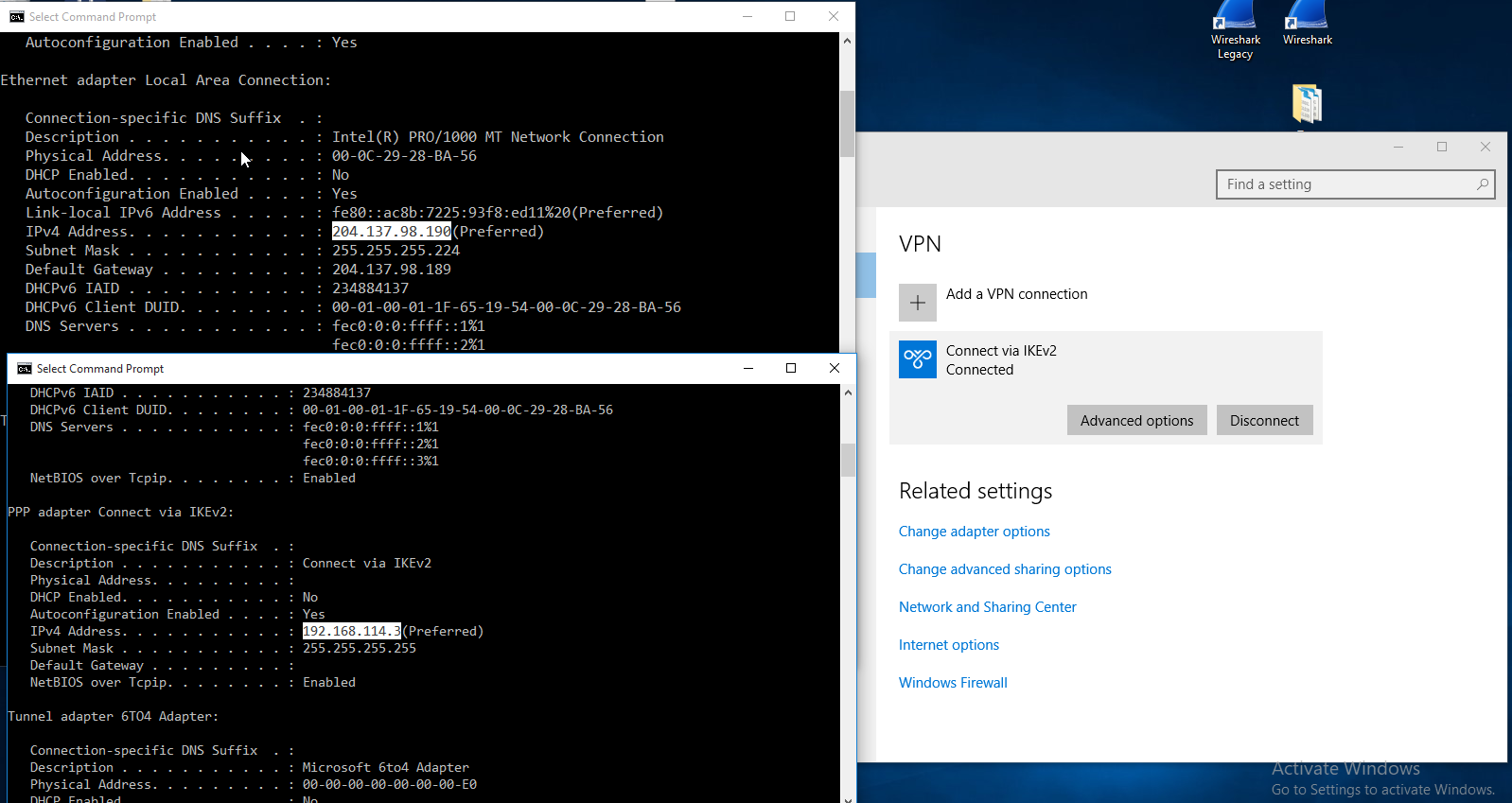 Screenshot showing network configuration, before and after
connecting to the VPN