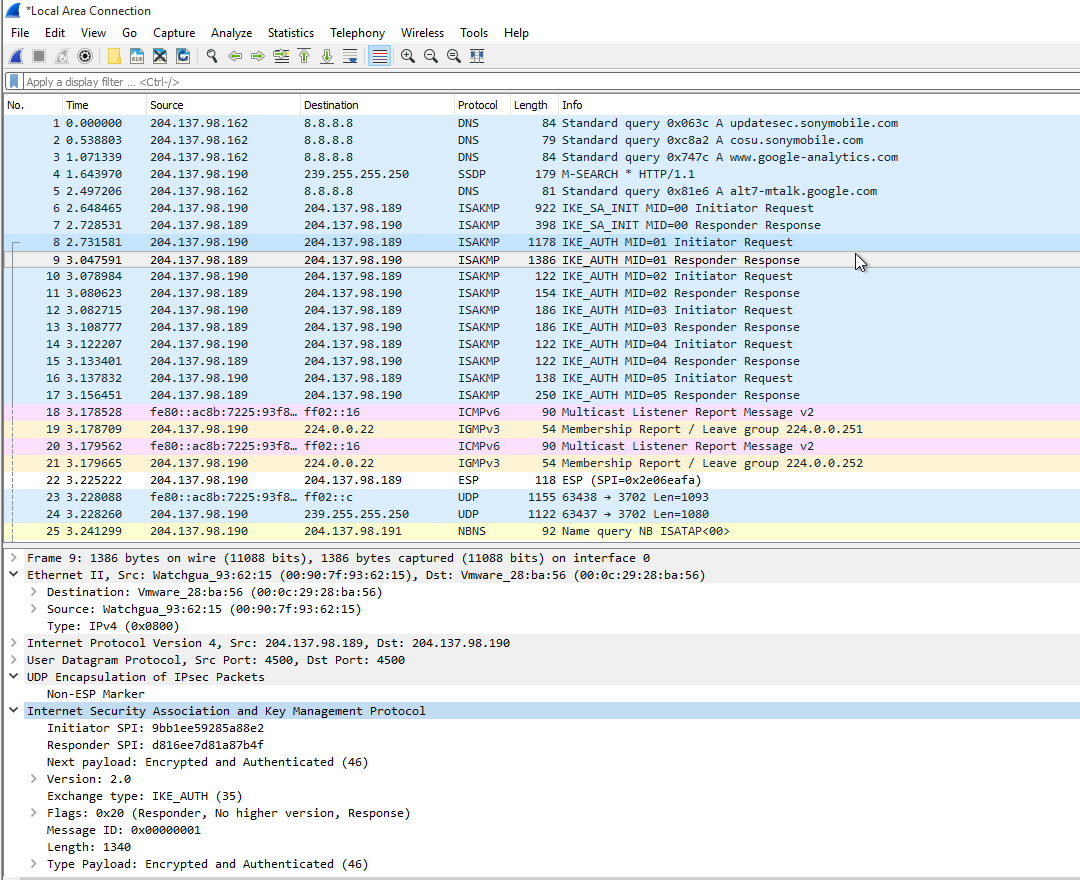 Screenshot of Wireshark capture showing ISAKMP running to
establish the IKEv2 connection