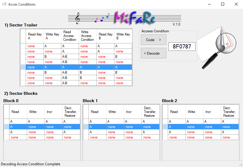 Screenshot showing Mifare Access Conditions Calculator
app